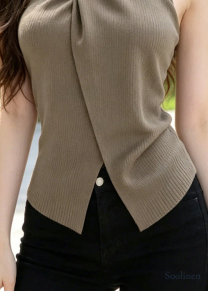 Fine Brown Asymmetrical Side Open Knit Halter Tops Summer
