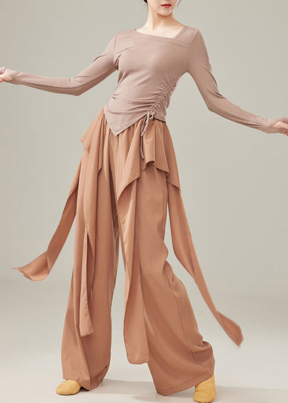 Fine Brown Elastic Waist Cotton Straight Pants Spring