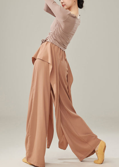 Fine Brown Elastic Waist Cotton Straight Pants Spring