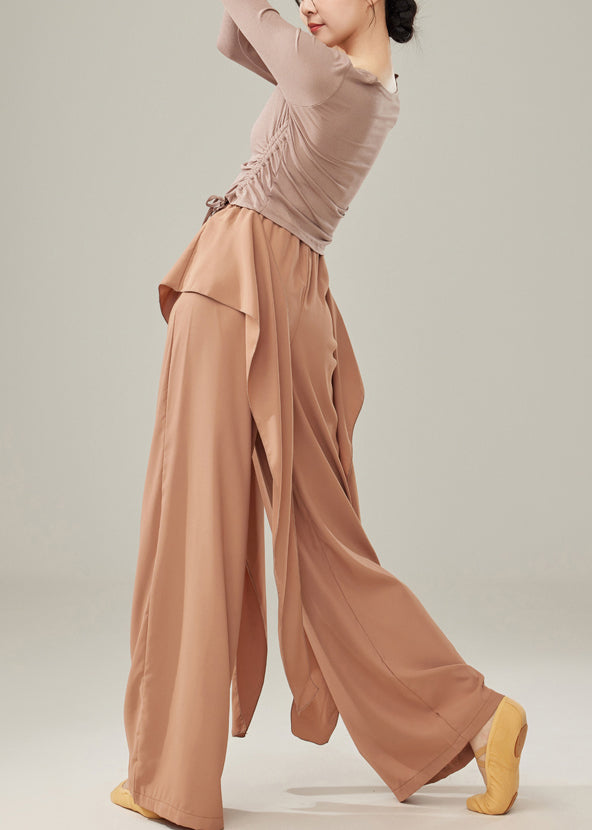 Fine Brown Elastic Waist Cotton Straight Pants Spring