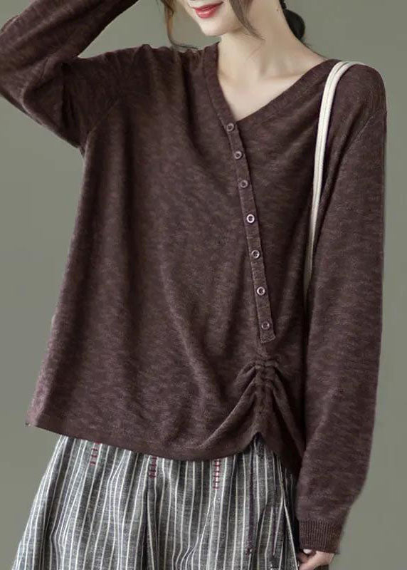 Fine Brown V Neck Button Knit Winter Sweaters