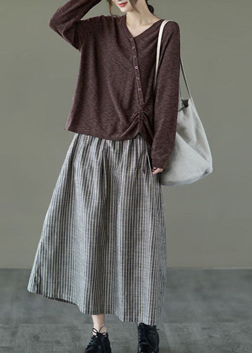 Fine Brown V Neck Button Knit Winter Sweaters