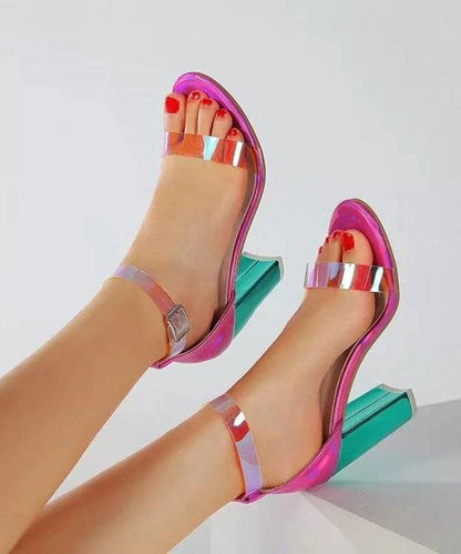 Fine Buckle Strap Splicing Chunky High Heels Sandals for Colorblock Faux Leather