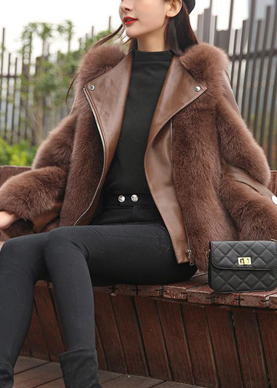 Fine Chocolate Fox Collar Zippered Leather and Faux Fur Coats Winter