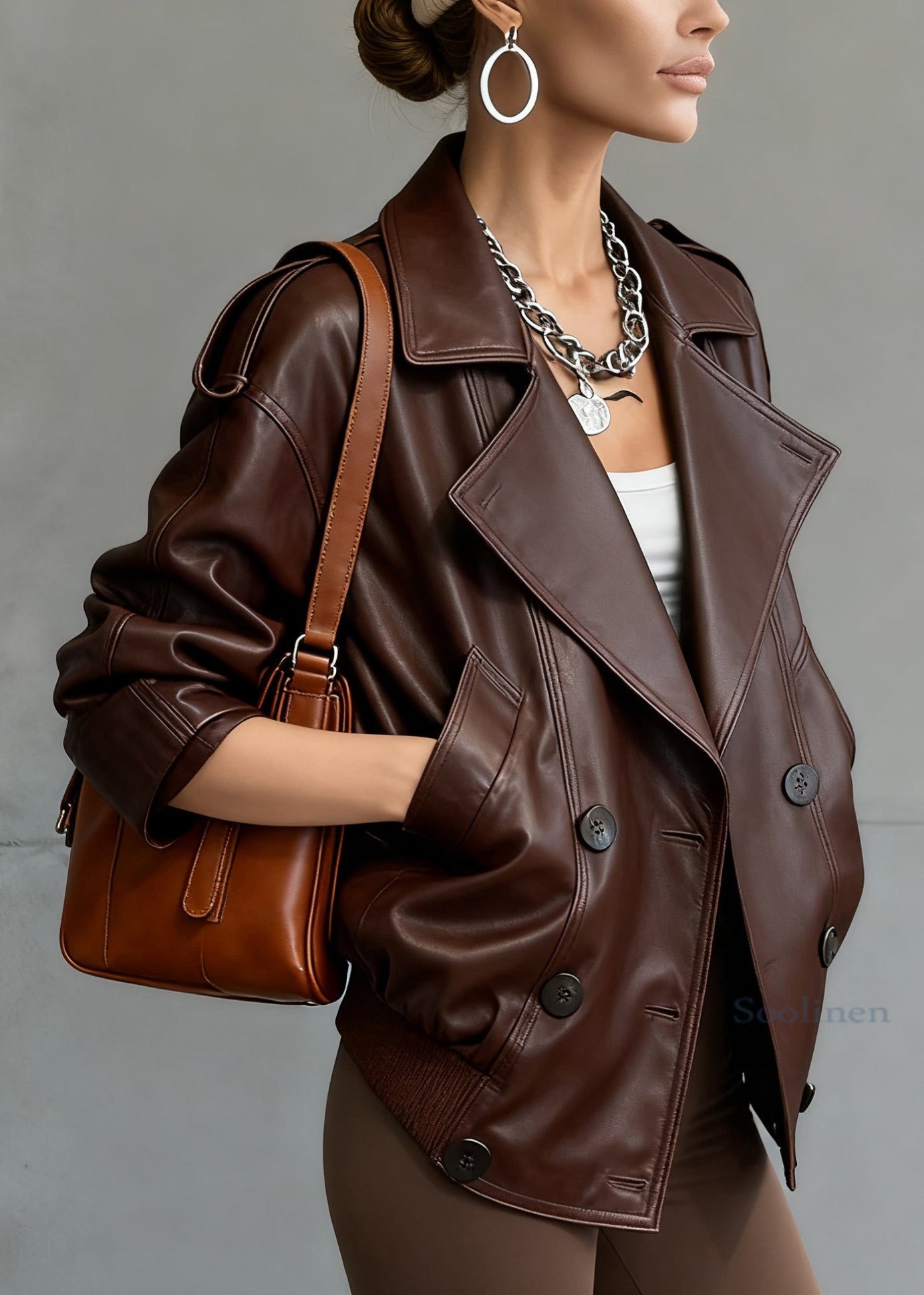 Fine Chocolate Peter Pan Collar Double Breast Sheepskin Jacket Spring