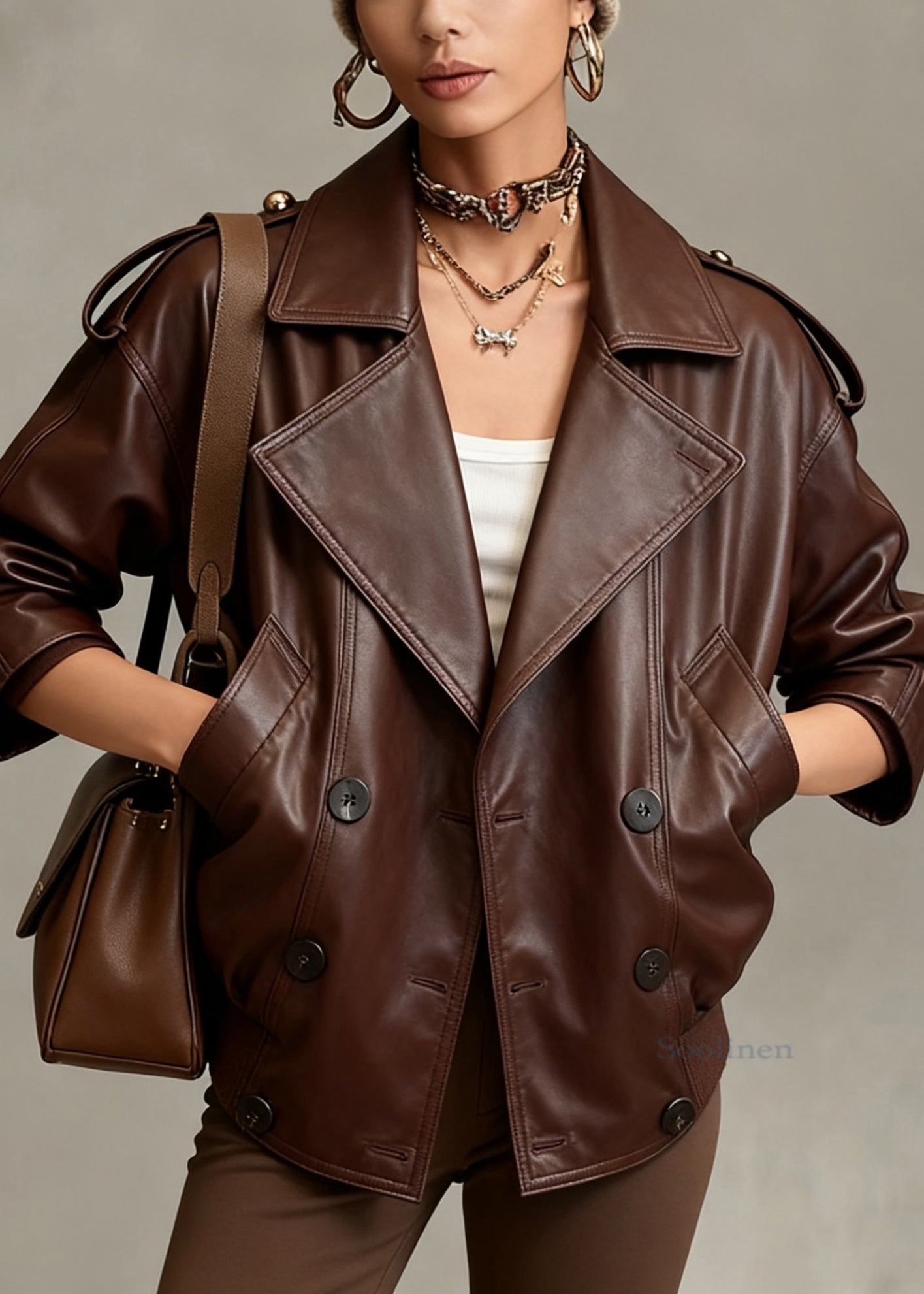 Fine Chocolate Peter Pan Collar Double Breast Sheepskin Jacket Spring