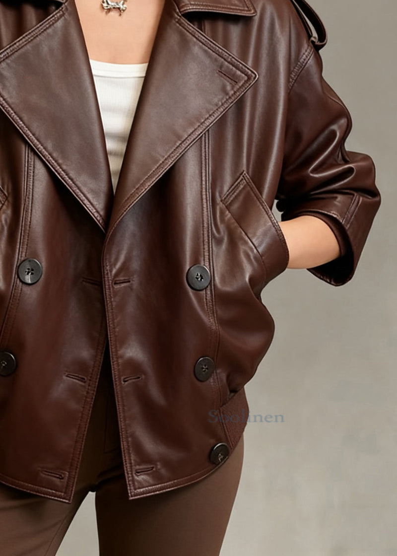 Fine Chocolate Peter Pan Collar Double Breast Sheepskin Jacket Spring