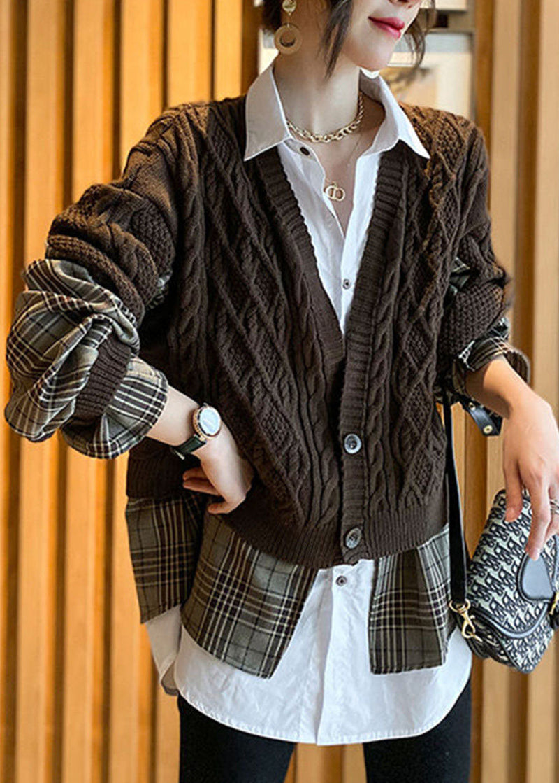 Fine Chocolate Knit Patchwork Plaid Hollow Out Wrinkled Fall Wool Two Piece Set Outfits