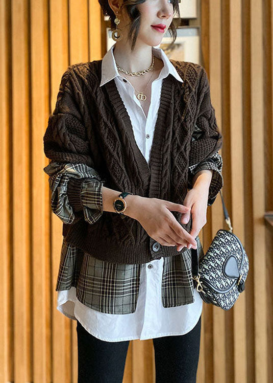 Fine Chocolate Knit Patchwork Plaid Hollow Out Wrinkled Fall Wool Two Piece Set Outfits