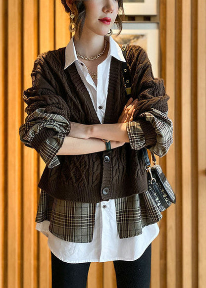 Fine Chocolate Knit Patchwork Plaid Hollow Out Wrinkled Fall Wool Two Piece Set Outfits