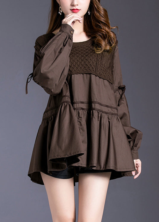Fine Chocolate O-neck Patchwork Cotton Tops Spring