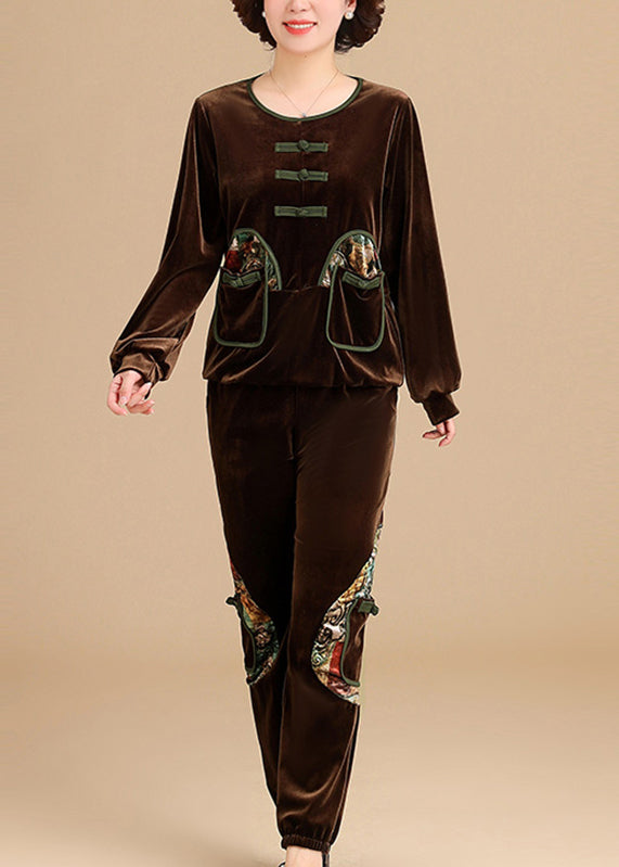 Fine Coffee O-neck Patchwork Silk Velour Top and Beam Pants Two Pieces Set Long Sleeve