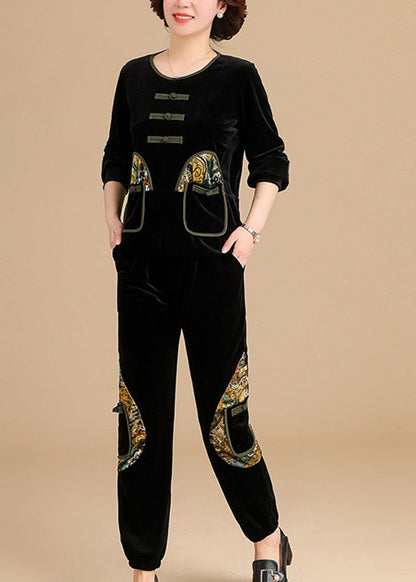 Fine Coffee O-neck Patchwork Silk Velour Top and Beam Pants Two Pieces Set Long Sleeve