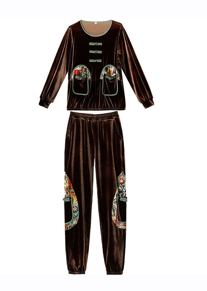 Fine Coffee O-neck Patchwork Silk Velour Top and Beam Pants Two Pieces Set Long Sleeve