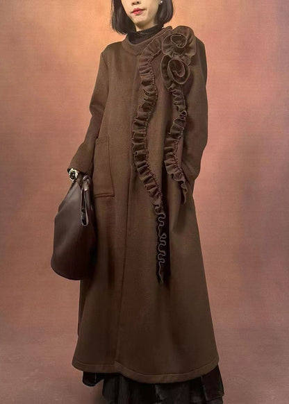 Fine Coffee O-neck Ruffled Patchwork Pockets Woolen Long Coats Winter