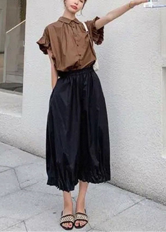 Fine Coffee Peter Pan Collar Button Top and Crop Pants Two Pieces Set Summer