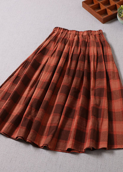 Fine Chocolate Plaid Wrinkled Pockets Cotton Skirt Spring