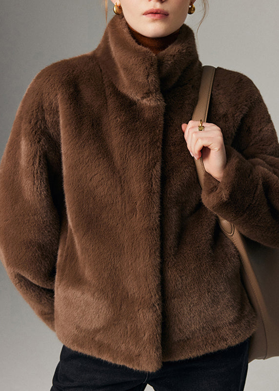 Fine Coffee Pockets Warm Mink Velvet Coat Spring