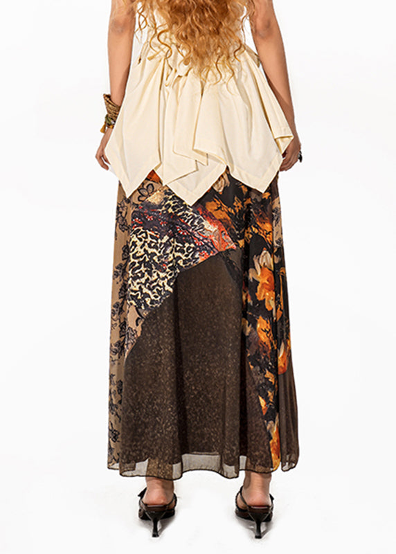 Fine Coffee Print High Waist Tulle a Line Skirt Summer