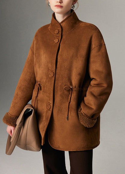 Fine Coffee Stand Collar Pockets Fleece Wool Leather and Fur Lined Coat Winter