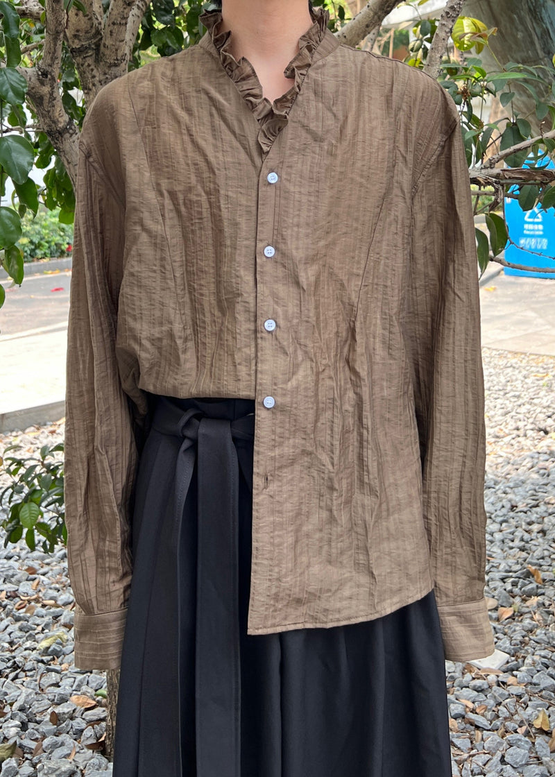 Fine Coffee V Neck Button Cotton Shirts
