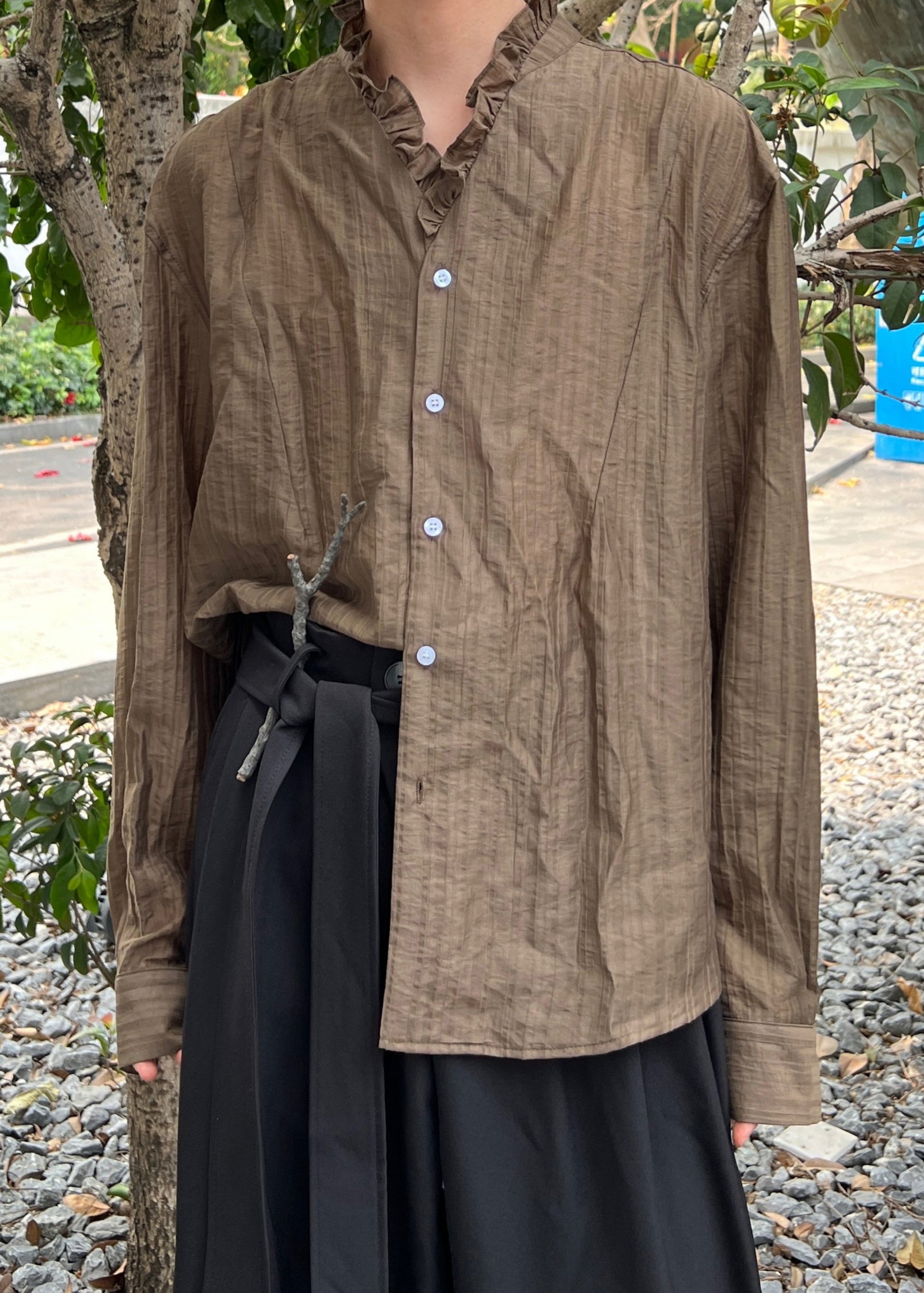 Fine Coffee V Neck Button Solid Cotton Men Shirts