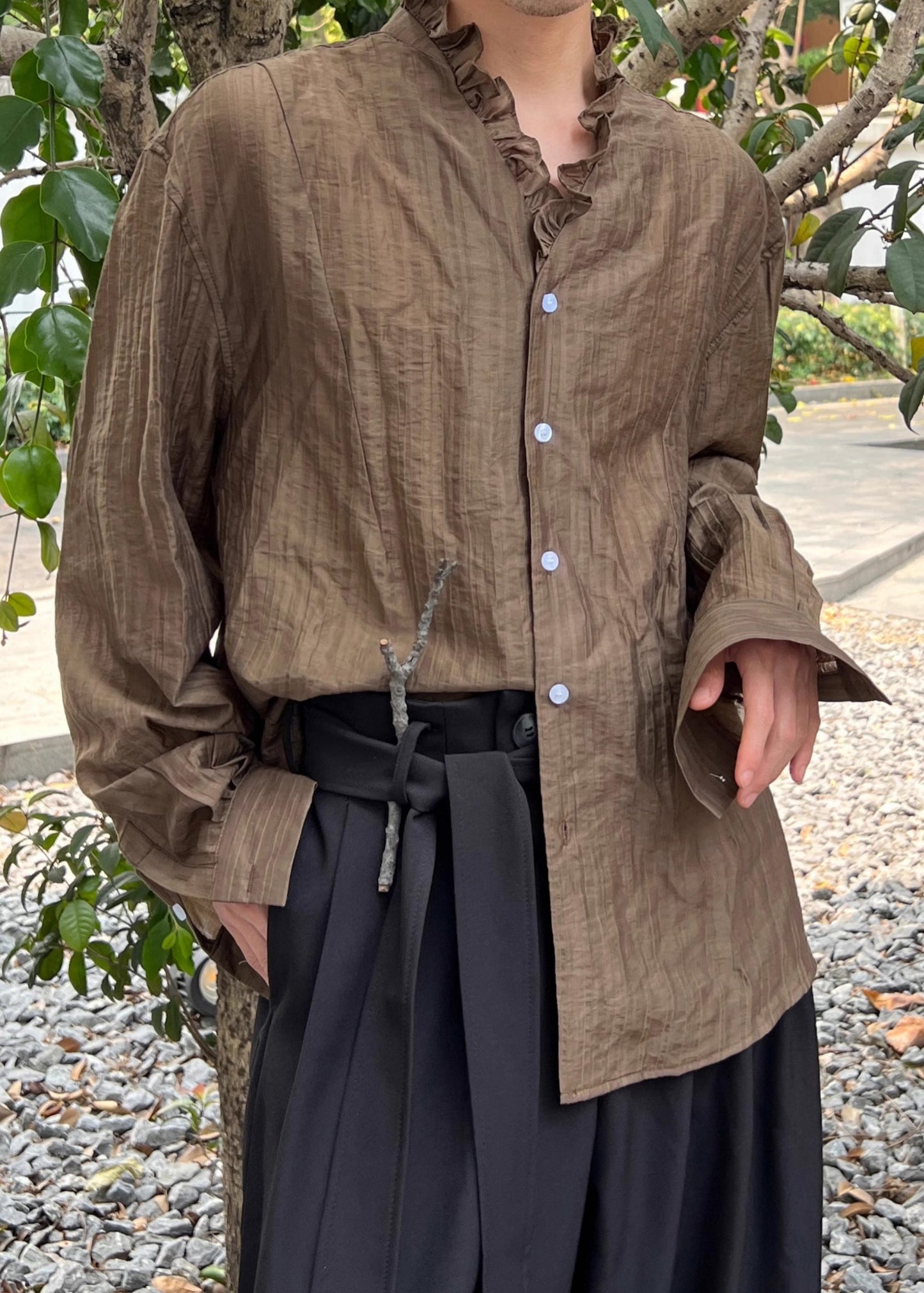 Fine Coffee V Neck Button Solid Cotton Men Shirts