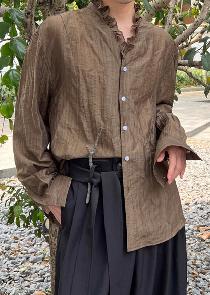 Fine Coffee V Neck Button Solid Cotton Men Shirts