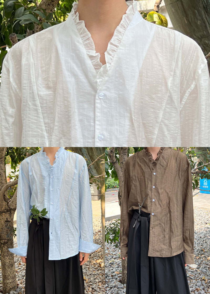 Fine Coffee V Neck Button Cotton Shirts