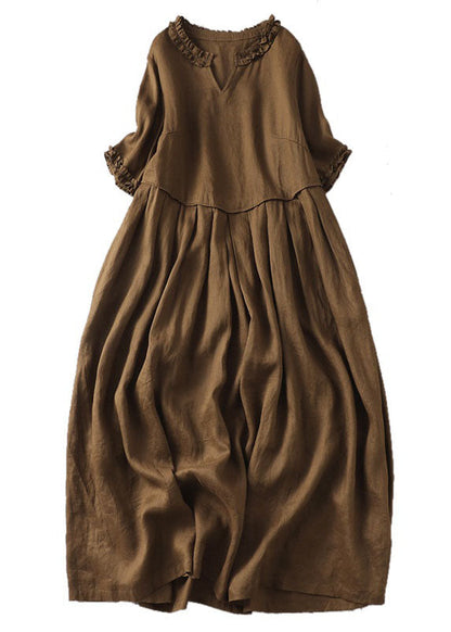 Fine Black Plaid V Neck Ruffled Patchwork Linen Dress Summer