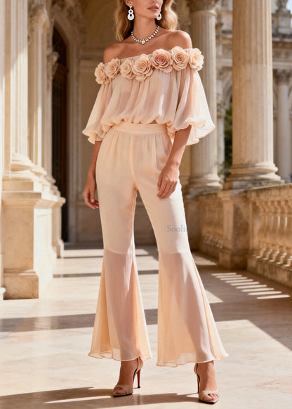 Fine Cold Shoulder Top and Pants Silk Two Pieces Set Summer