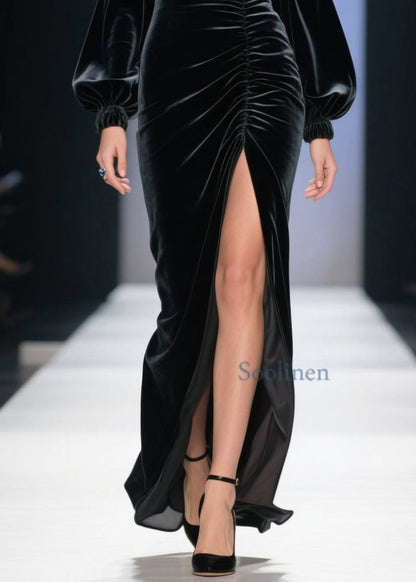 Fine Cold Shoulder Side Open Velvet Long Dress Spring