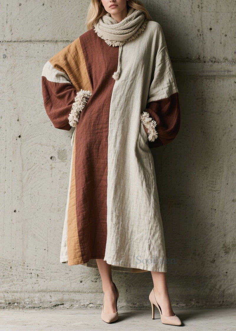 Fine Colorblock Pockets Patchwork Cotton Long Dress Fall