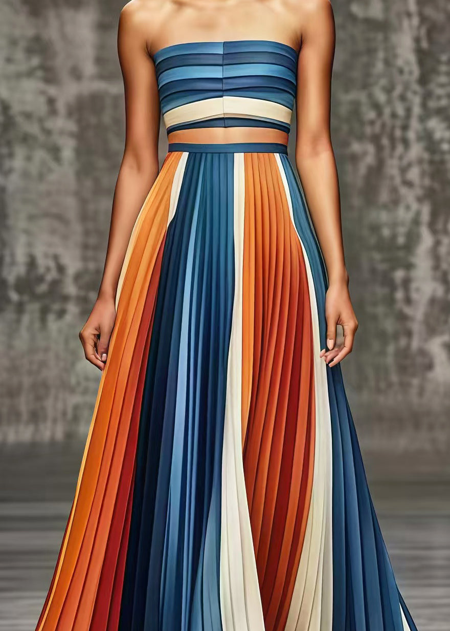 Fine Colorblock Silm Fit Chiffon Pleated Skirts Spring