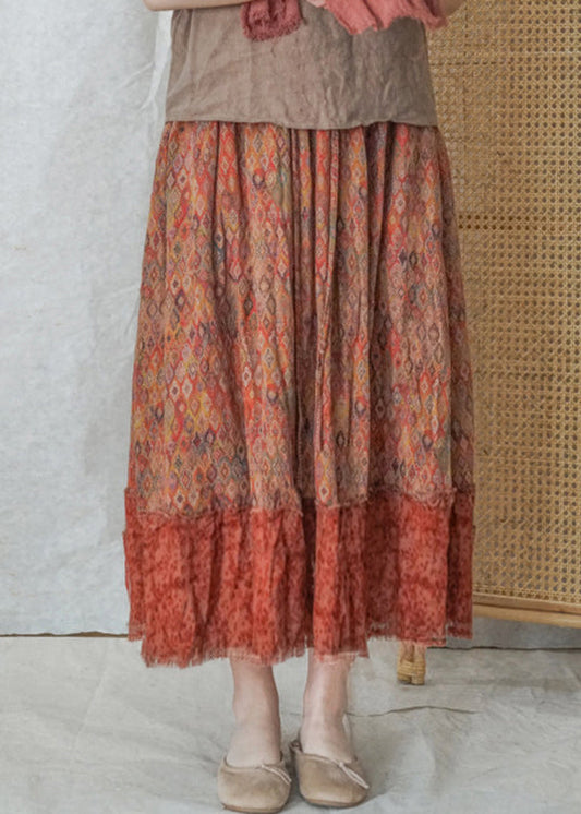 Fine Colorblock Elastic Waist Drawstring Plaid Patchwork Cotton Skirt Spring