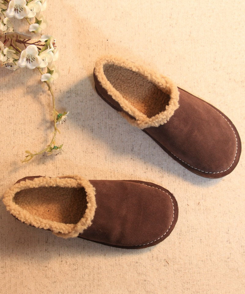 Fine Cowhide Leather Flat Shoes for Khaki Fuzzy Wool Lined Flat Feet Shoes