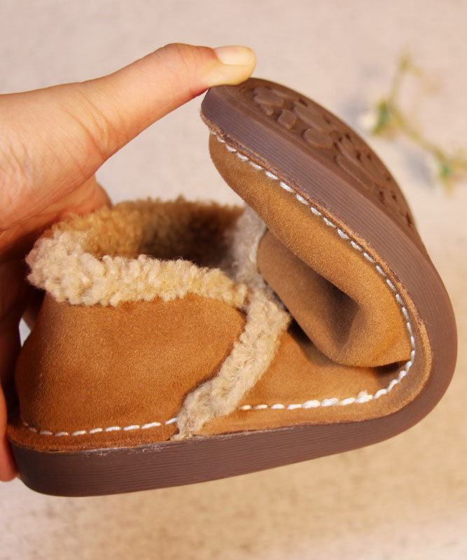 Fine Cowhide Leather Flat Shoes for Khaki Fuzzy Wool Lined Flat Feet Shoes