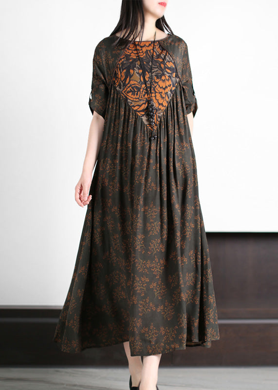 Fine Dark Green O-neck Patchwork Print Wrinkled Party Silk Long Dress Summer
