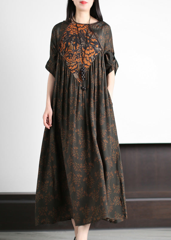 Fine Dark Green O-neck Patchwork Print Wrinkled Party Silk Long Dress Summer