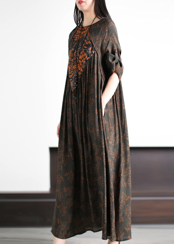 Fine Dark Green O-neck Patchwork Print Wrinkled Party Silk Long Dress Summer