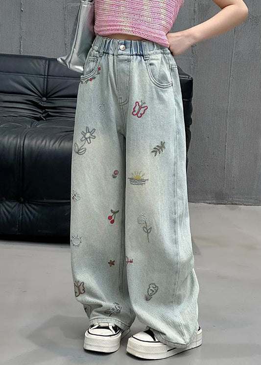 Fine Denim Blue Print Elastic Waist Straight Pants Spring