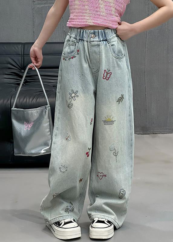 Fine Denim Blue Print Elastic Waist Straight Pants Spring
