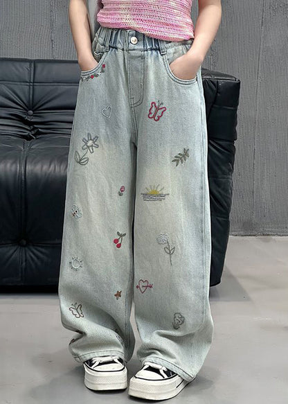 Fine Denim Blue Print Elastic Waist Straight Pants Spring