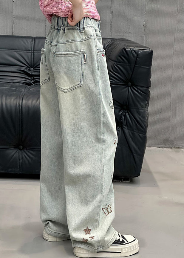 Fine Denim Blue Print Elastic Waist Straight Pants Spring