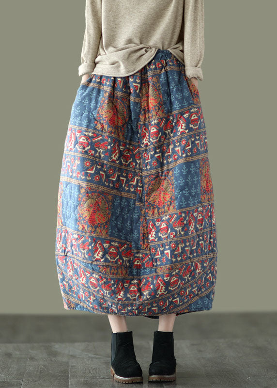Fine Elastic Waist Pockets Print Fine Cotton Filled a Line Skirt Winter