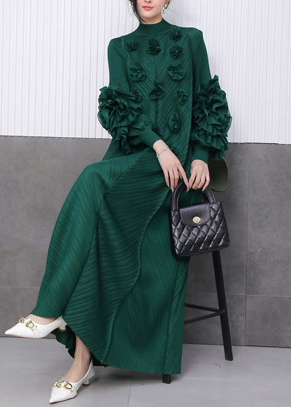 Fine Emerald Decorated Dinner Dress Pleated Texture Scallop Trim