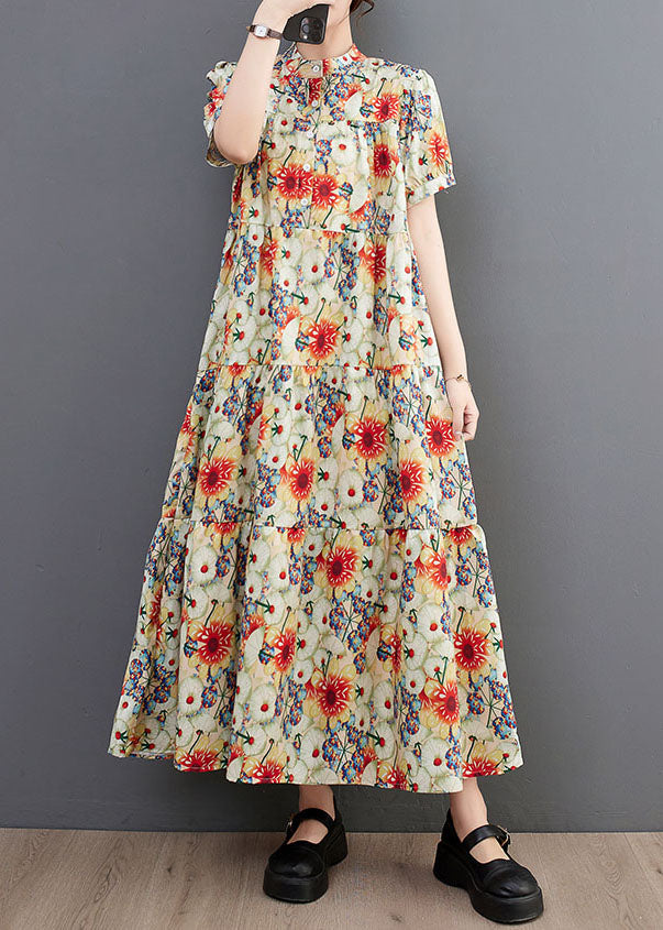 Fine Print Stand Collar Exra Large Hem Cotton Shirt Dresses Summer