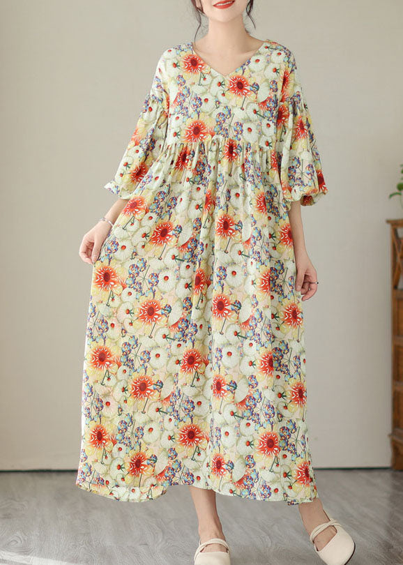 Fine V Neck Wrinkled Patchwork Cotton Long Dresses Summer
