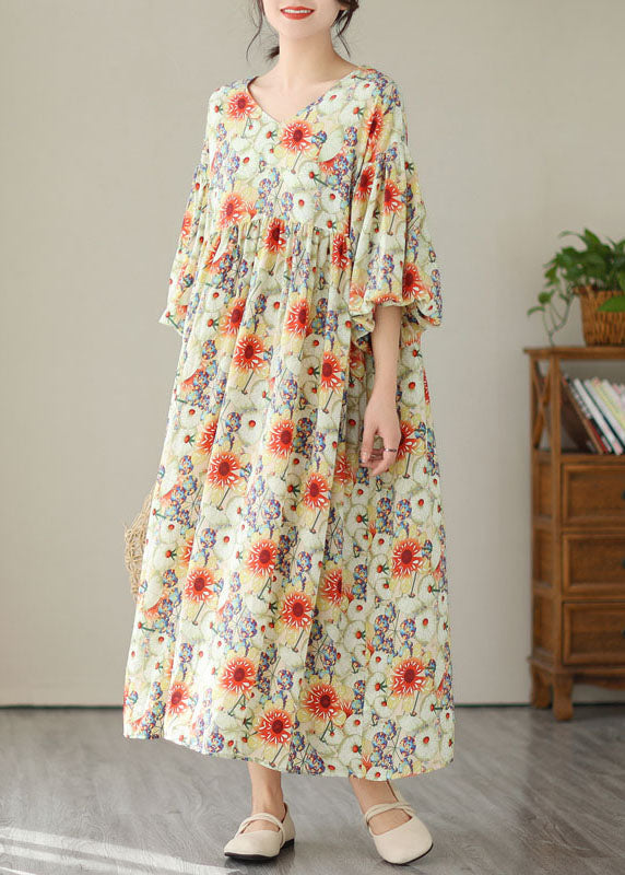 Fine V Neck Wrinkled Patchwork Cotton Long Dresses Summer