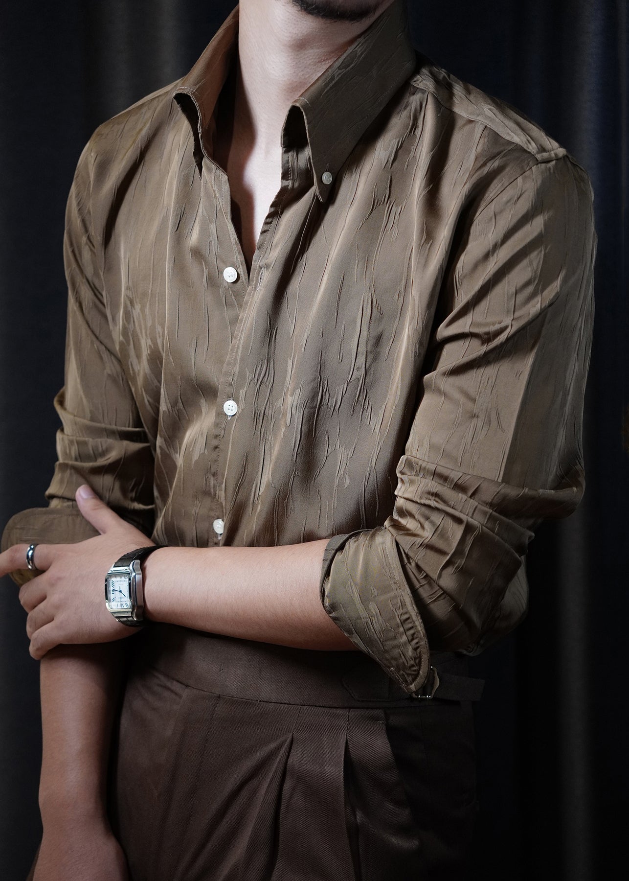 Fine Gold Peter Pan Collar Solid Silk Mens Shirts Long Sleeve